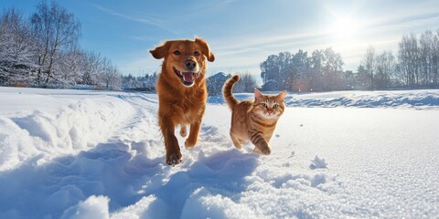 A playful dog and a curious cat running together through a snowy landscape under a bright winter sky