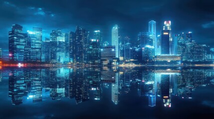 Obraz premium Nighttime Skyline Reflecting in Calm Water