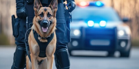 A police dog standing alert beside its handler in front of a patrol car