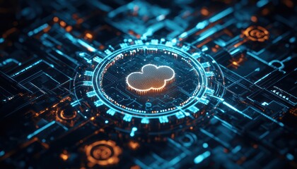 Fototapeta premium Stylized cloud computing icon with surrounding gears and arrows, emphasizing efficient and innovative solutions for technology industries
