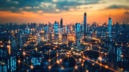 Fototapeta premium Illuminated Cityscape Showing Network Connections at Dusk