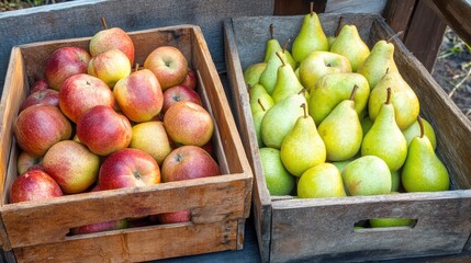 Freshly harvested apples and pears in wooden basket