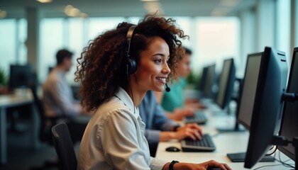 Happy woman receptionist in office works with colleagues. Team works with computers. Pro support service. Modern business workplace. Helpful service agent. Indoor office setting. Collaborative tech