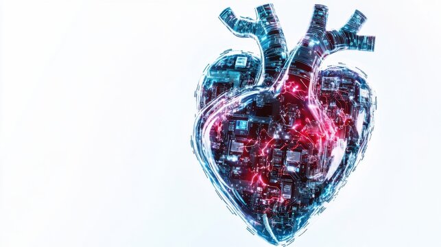 A surreal representation of a human heart made of digital circuitry, set against a stark white background, symbolizing the integration of technology and healthcare