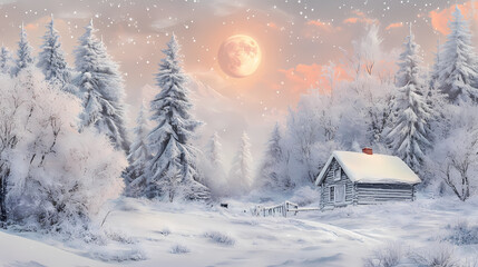 Naklejka premium A serene winter landscape featuring a cozy cabin surrounded by snow-covered trees and a bright, glowing moon in the sky. Frosty Glade. Illustration
