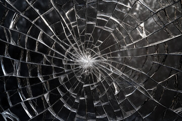 Obraz premium A striking image of shattered glass with intricate cracks and fragments radiating outward.