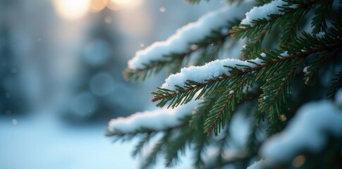 Snowflakes gently fall around a fir tree's branches, fir, snow