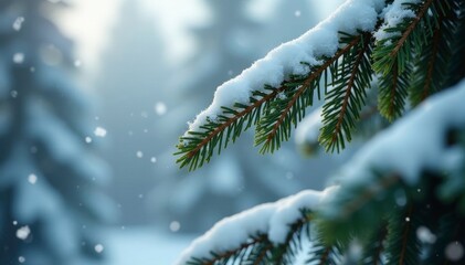 Snowflakes gently fall around a fir tree's snow-covered branches, branches, calming, fir