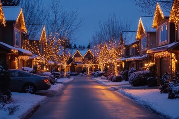 A quiet neighborhood street with houses glowing in soft holiday lights