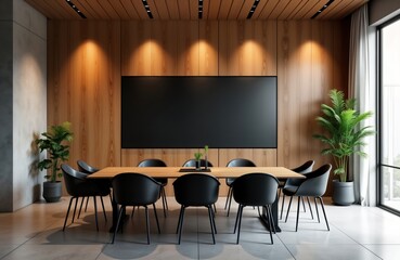Modern meeting room with wooden wall paneling, concrete floor. Empty room features large black screen. Long wooden table accompanied by stylish black chairs. Decorative plant, minimalist accessories
