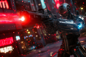 A futuristic cyberpunk robot with a sleek, high-tech design, glowing neon accents, and intricate mechanical details.
