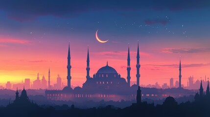 Obraz premium An enchanting view of the majestic mosque of Istanbul at dawn, with its spires and minarets silhouetted against a pastel sky, capturing the serene beauty of an Arabic city in motion. The crescent moon