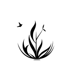 Elegant Plant and Bird Silhouette: Minimalist Nature Design. Black and white vector illustration, perfect for nature-themed projects, logos, or decorations.