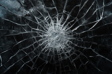 A striking image of shattered glass with intricate cracks and fragments radiating outward.