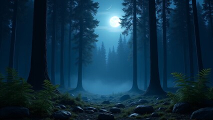 Obraz premium A tranquil forest illuminated by a glowing full moon, with misty air, soft shadows, and stars in a velvety night sky.