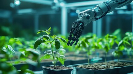 Robotic arm tending a futuristic agricultural lab, blending technology and nature