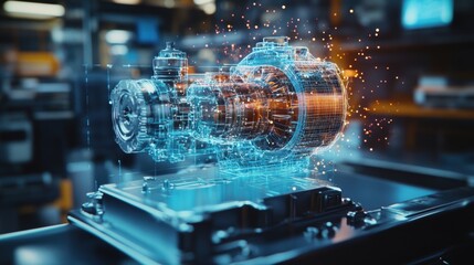 A macro view of the AR headset revealing the intricate virtual landscape of machine troubleshooting guidance superimposed on a realworld engine block.