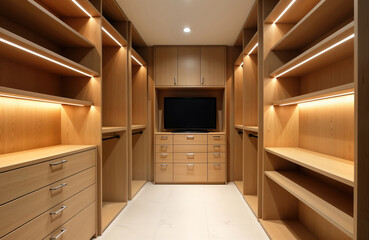 Elegant wooden walk-in closet with built-in shelving, lighting. Well-lit interior with minimalist design. Custom made wooden furniture. Contemporary style with storage solutions. Perfect for fashion