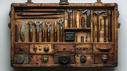 Antique tools organized in wooden box, workshop background, craft supplies, hobby