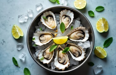 Fresh oysters on ice in round metal plate with lime wedges, fresh mint leaves. Seafood dish perfect for restaurant menu cookbook recipe. Top view of delicious, healthy meal. High quality image for