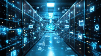Fototapeta premium Data Center Corridor Showing Digital Information Flow