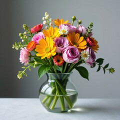 A stunning bouquet of mixed wildflowers in a delicate glass container , wildflowers, bouquet, botanical