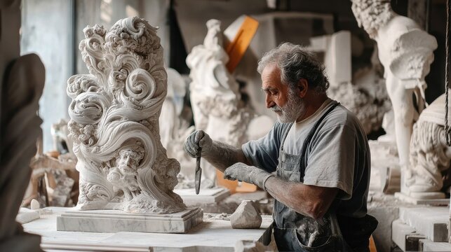 A sculptor carving intricate designs into a marble statue in a traditional studio