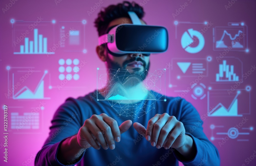 Leinwandbilder Man wearing VR headset interacts with virtual charts. Futuristic tech concept. Virtual reality display shows data graphs. Person analyzes data using digital interface. Modern innovation in tech.