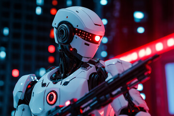 A futuristic cyberpunk robot with a sleek, high-tech design, glowing neon accents, and intricate mechanical details.