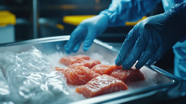 Maintaining Food Safety A Worker Organizes Frozen Salmon in a Clean, Safe Storage Facility, Ensuring Proper Handling and Preventing Spoilage Through Best Practices, Adhering to Stringent Hygiene