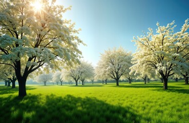 Stunning spring scene with blooming trees in vast meadow. Rich trees with white blossoms stand in field of vibrant green grass. Sunlight illuminates scene. Picturesque nature landscape. Ideal for