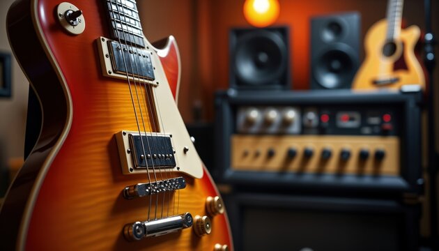 Electric guitar in recording studio. Musician play electric guitar with amplifier. Equipment for music recording. Studio environment with instruments. Photo shows music making process. Professional