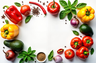 Colorful fresh vegetables, herbs arranged in frame on white background. Fresh peppers yellow, red tomatoes avocado onions, chili peppers with spices, herbs provide healthy ingredient idea. Visual