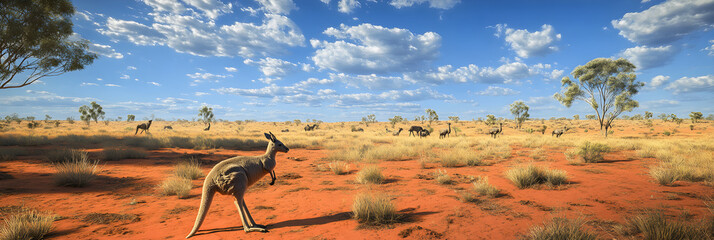 Serenity and Wildlife in the Sun-Baked Australian Outback: A Kangaroo's Journey Through the Red Desert