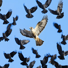Fototapeta premium Aerial Masterclass: Falcon Outmaneuvers Flock of Crows in Stunning Sky Ballet, Exemplifying Nature's Strategic Dance of Survival and Dominance