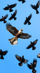 Obraz premium Aerial Masterclass: Falcon Outmaneuvers Flock of Crows in Stunning Sky Ballet, Exemplifying Nature's Strategic Dance of Survival and Dominance