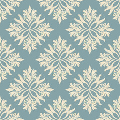 Vector Damask seamless Pattern with Beige Motifs on Blue Background. 
