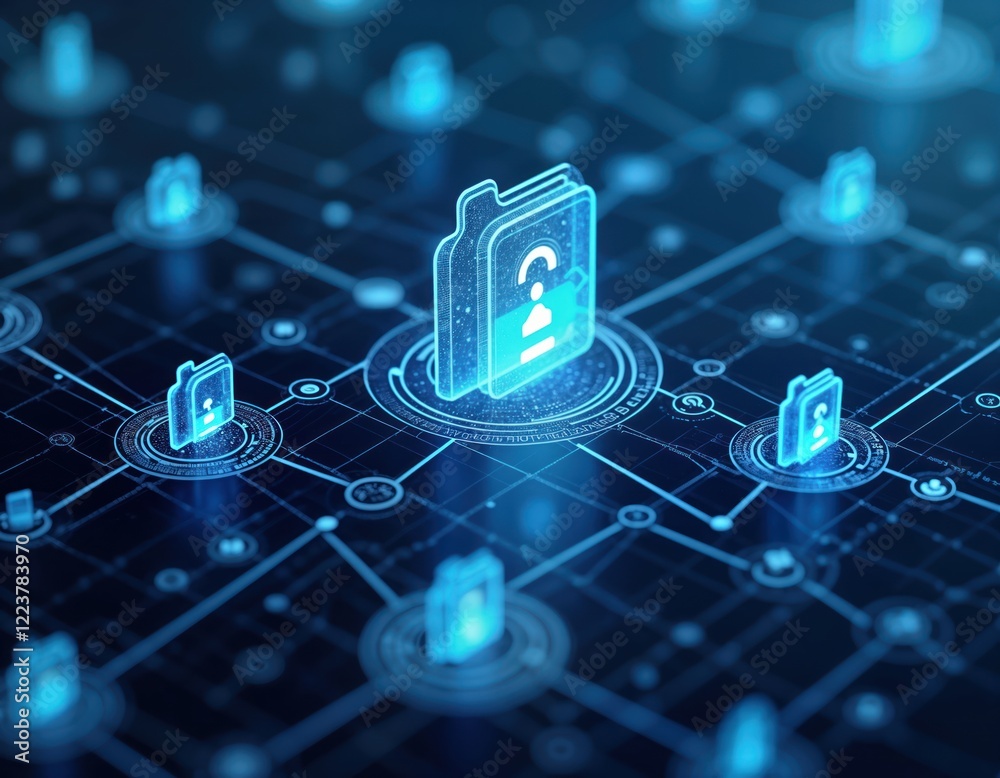 Poster Digital data network design tech illustration shows interconnected data folders representing user information. Modern tech design with glowing blue elements conveys secure info exchange. Image