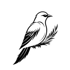 Obraz premium Elegant Bird Silhouette: Black and White Minimalist Vector Art of a Bird Perched on a Branch
