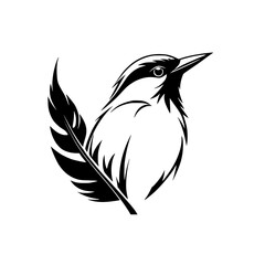 Elegant Bird and Feather: A Monochrome Masterpiece of Nature's Beauty.  A stunning vector graphic illustration perfect for nature lovers and design enthusiasts.