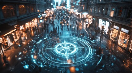 A floating holographic compass with arrows denoting increasing and decreasing interest rates hovers over a bustling market square reflecting the guiding principles of economic navigation