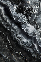 Intricate Patterns and Depth of Obsidian Texture Reflecting Light with Swirling Silver and Charcoal Hues, Creating a Mesmerizing, Enigmatic Surface of Natural Volcanic Glass