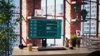AI LLM chatbot answering user prompts using predictive technology in home office. Computer setup in...