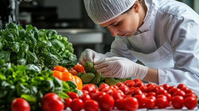 Proactive Food Safety A Worker Meticulously Examines Fresh Produce for Contamination Risks, Ensuring High Quality and Minimizing Hazards in the Food Production Process This image depicts rigorous