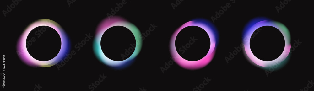 Aufkleber black round circles with blurred neon gradients, glowing frames with holographic light blur effect. 