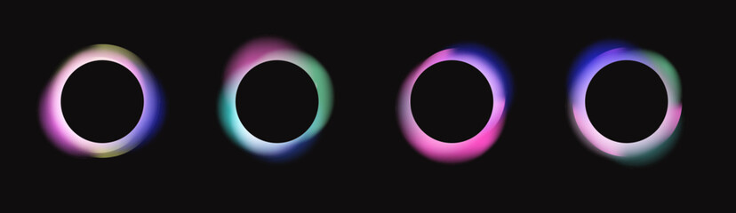 Black round circles with blurred neon gradients, glowing frames with holographic light blur effect. Trendy colorful fluid gradient elements, vivid futuristic blurry circle banner vector set. 