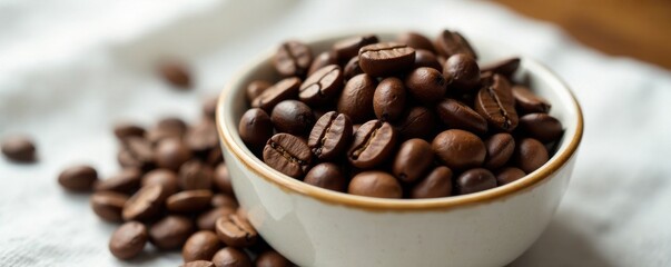 Fototapeta premium Close-up of coffee beans in a bowl on white tablecloth, brown, powdery