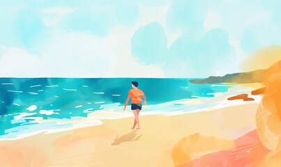 holiday, man walking on the beach - holiday illustration, simple, minimalist, exercise beach, diverse people, simple wallart illustration, gouache expressive brush painting
