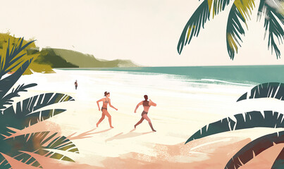 holiday beach illustration- friends running together the beach, relaxing, romantic, minimalist, exercise beach, diverse people, simple wallart illustration, gouache expressive brush painting