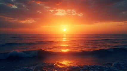 A golden sunset over the ocean with shimmering reflections on the water, transitioning from fiery orange to soft purple and blue hues.